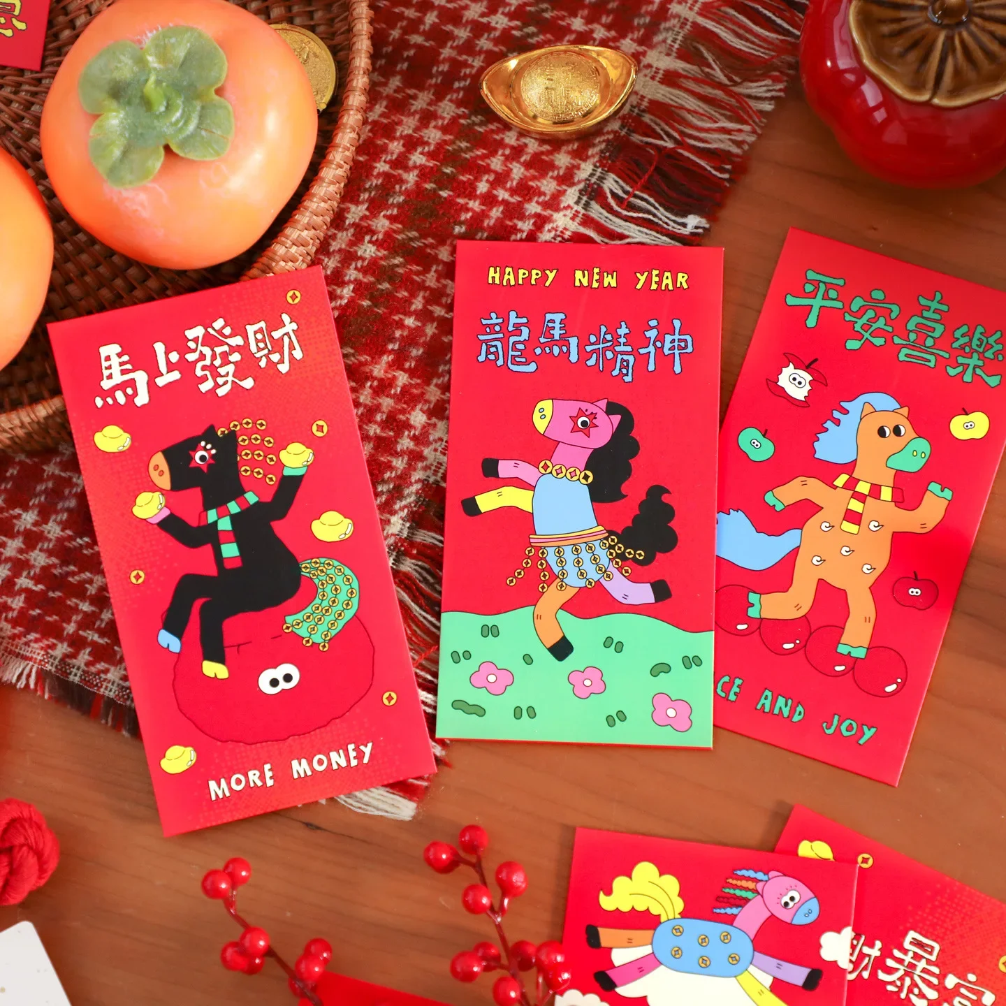 6Pcs/Set Paper 2026 Horse Year Red Envelope Traditional Cartoon Chinese New Year Envelope Lucky Bless Words