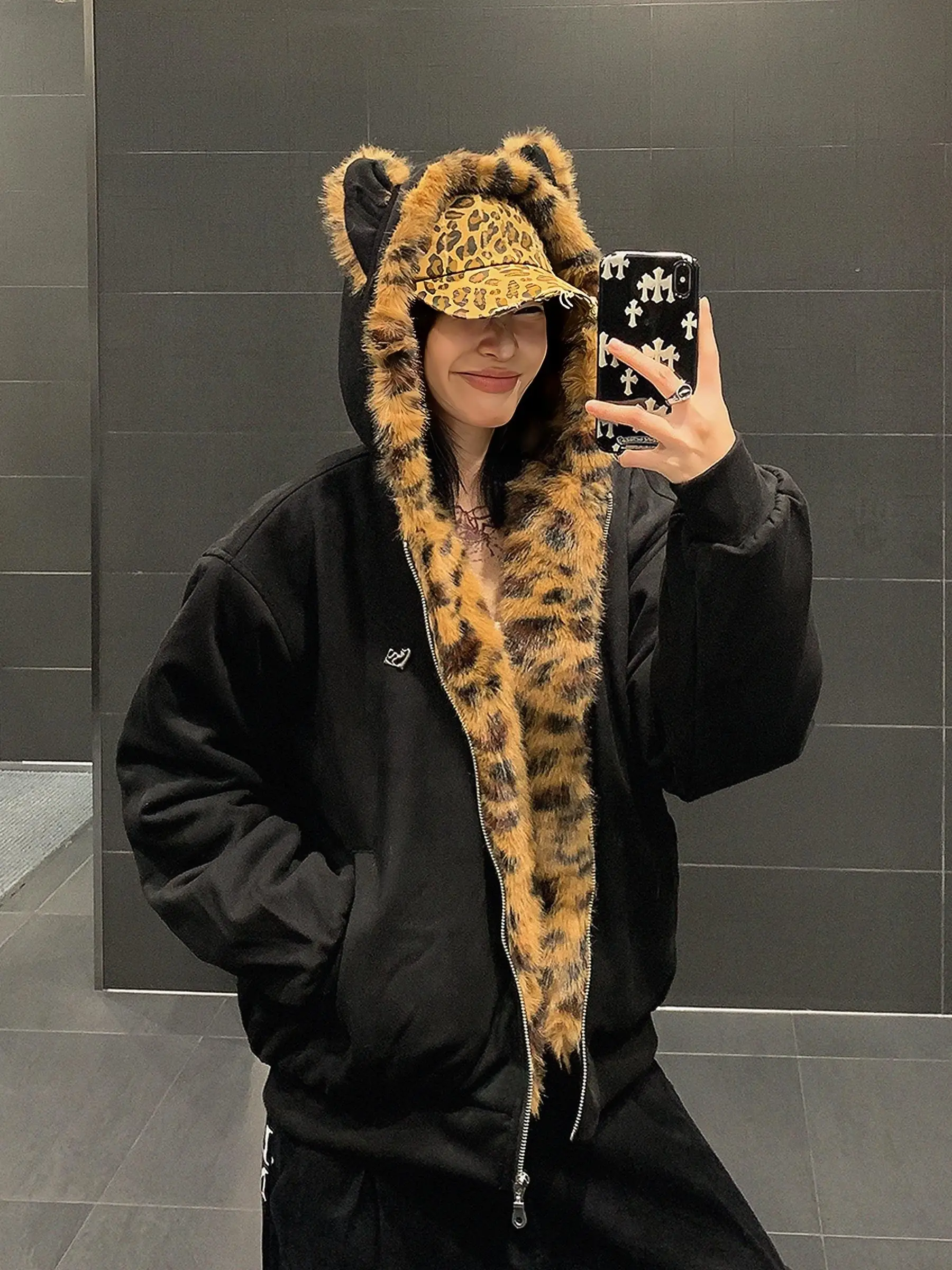 

American Retro Leopard Print Fur Collar Hooded Cotton Jaet Loose Warm Winter Outerwear for Men And Women Casual Sle