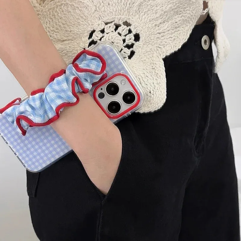 

Crystal transparent white light fresh blue grid phone case with wristband for iPhone 11 12 13 14 15 16 pro max