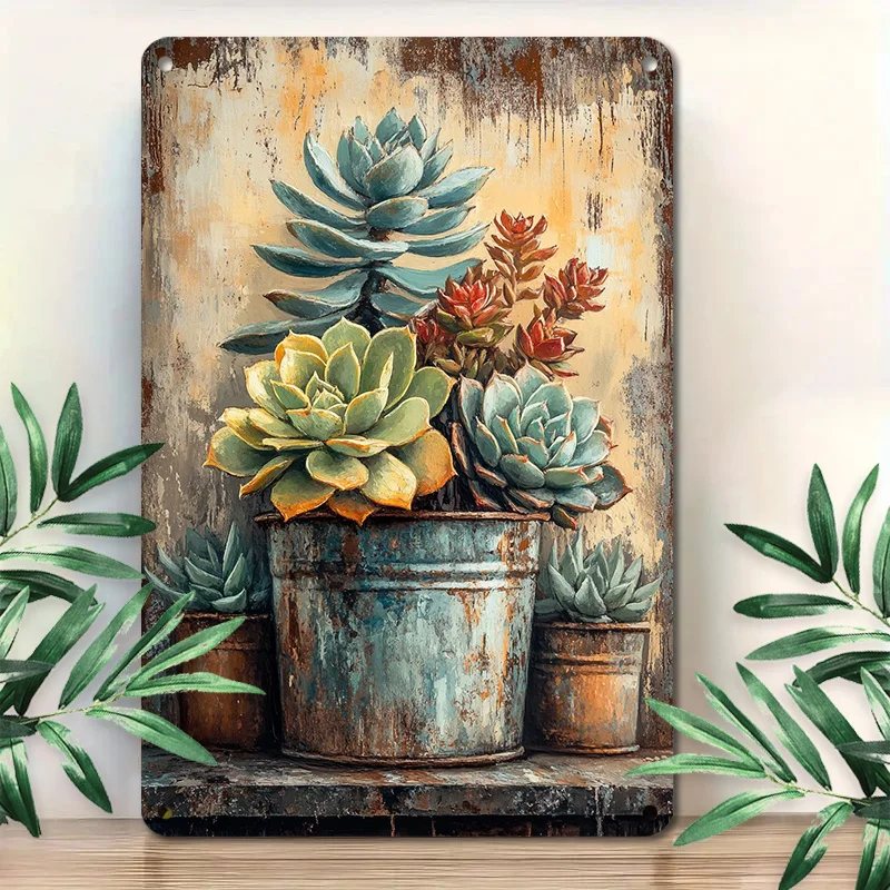 Vintage Metall-Wandkunst mit Sukkulenten-Motiv – Rustikales botanisches Blechschild für Büro-, Balkon- oder Gartendekoration, 8x12 Zoll große Plakette