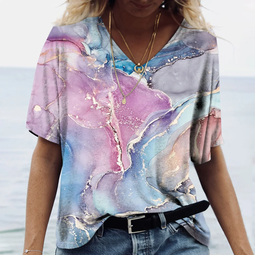 Summer V-Neck Women‘s T-Shirt 3d Marbling Print Tops Tee Fashion Streetwear Daily Y2k Clothes 2024 New Ladies Plus Size T-Shirts