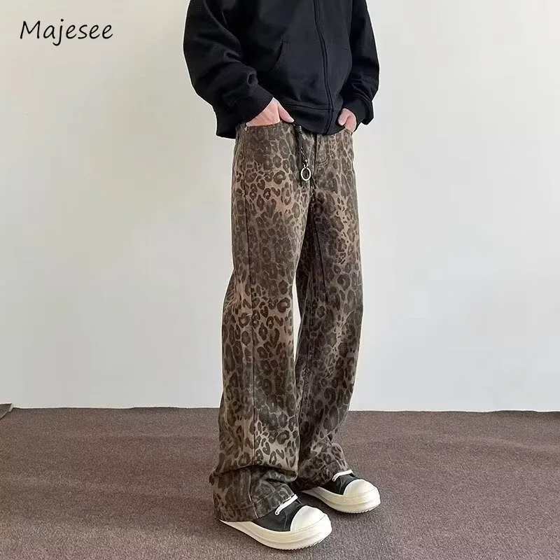 

Jeans Men Design Wide Leg Trousers Fashion Creative Youthful Leopard Full Length Daily All-match Personality Chic Korean Style