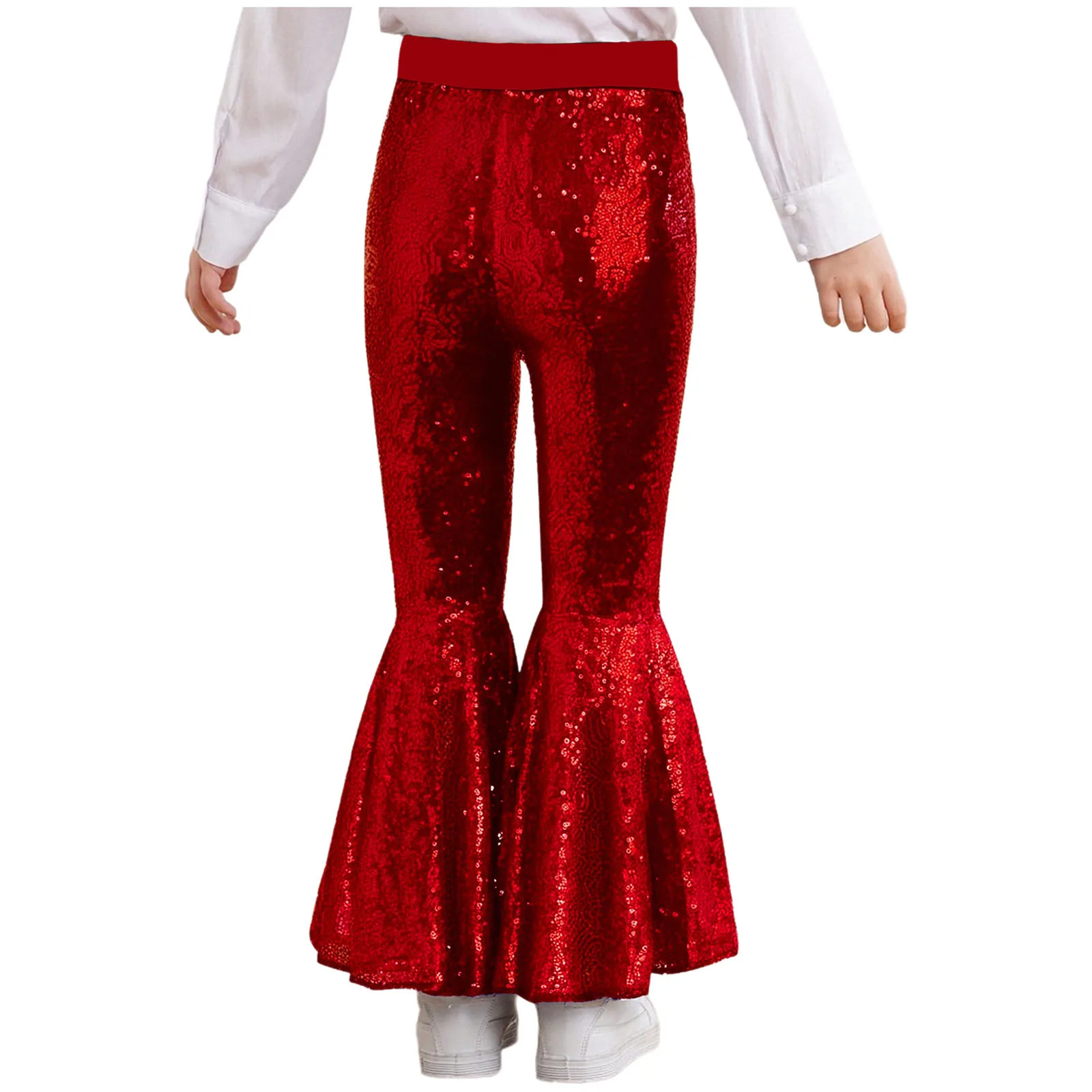 Teen Girls Shiny Sequins Jazz Dance Flared Pants Elastic Waistband Bell-Bottom Trousers Modern Disco Stage Performance Costume