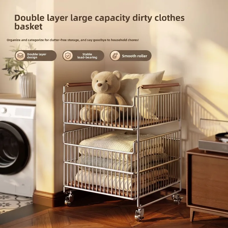 Double Layer Laundry Hamper Wheels Large Capacity Bathroom Storage Basket Storage Baskets Laundry Products Laundry Basket