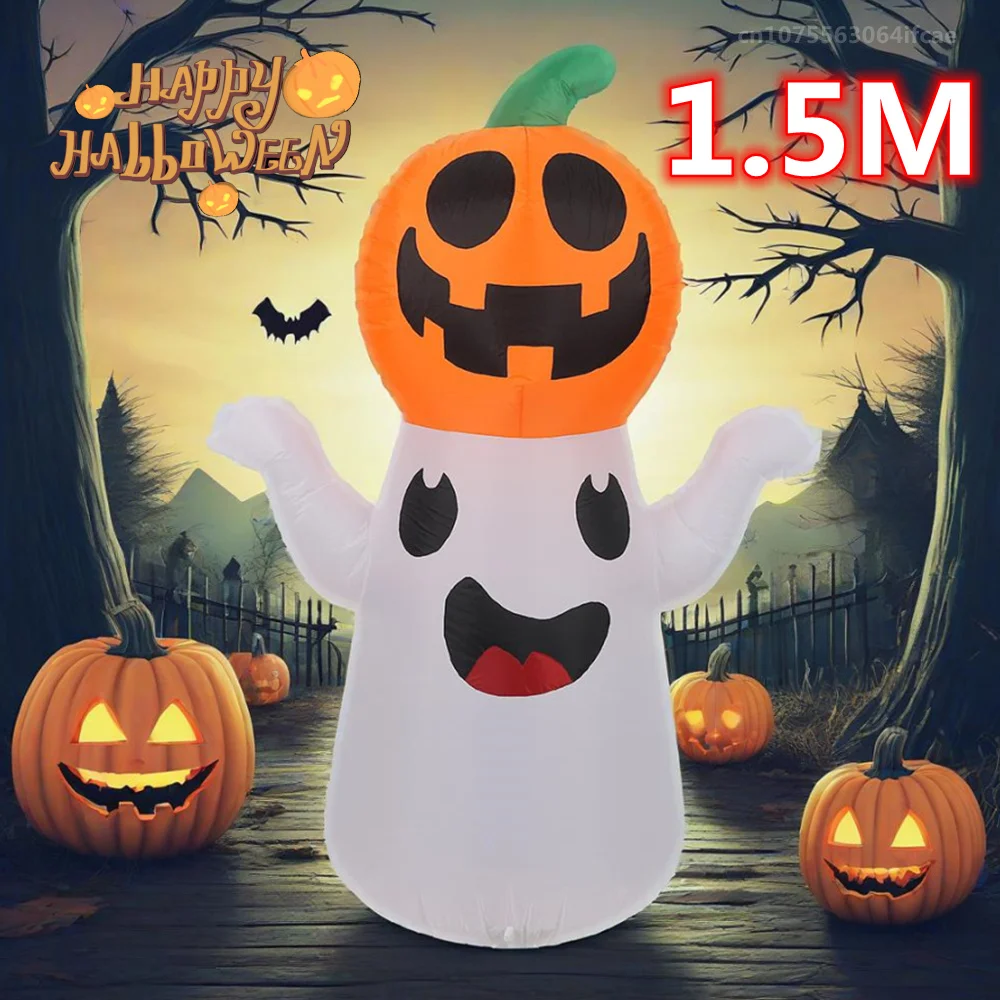 

5FT/1.5M Inflatable Halloween Pumpkin White Ghost Inflatable Halloween with LED Festival Outdoor Party Garden Lawn Decoration