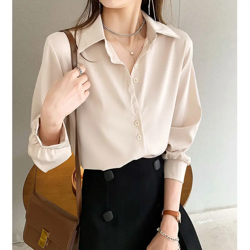 Elegant Fashion Korean White Long Sleeve Covered Button Comfortable Blouses Straight Loose Wild Solid Color Shirt Women Clothing