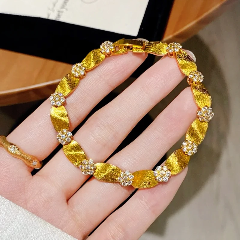Luxury 100% Real 24K Gold Sparkle Diamond Accent Brushed Flower Ribbon Bracelet Water Wave Chain Luxury Fine Women'S