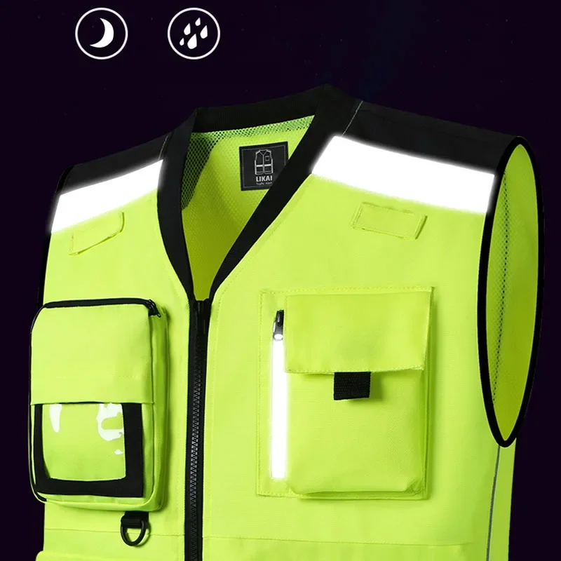 Reflective Safety Vest Motorcycle for Men Work Vest with Pockets and Zipper Safety Construction Workwear Vest