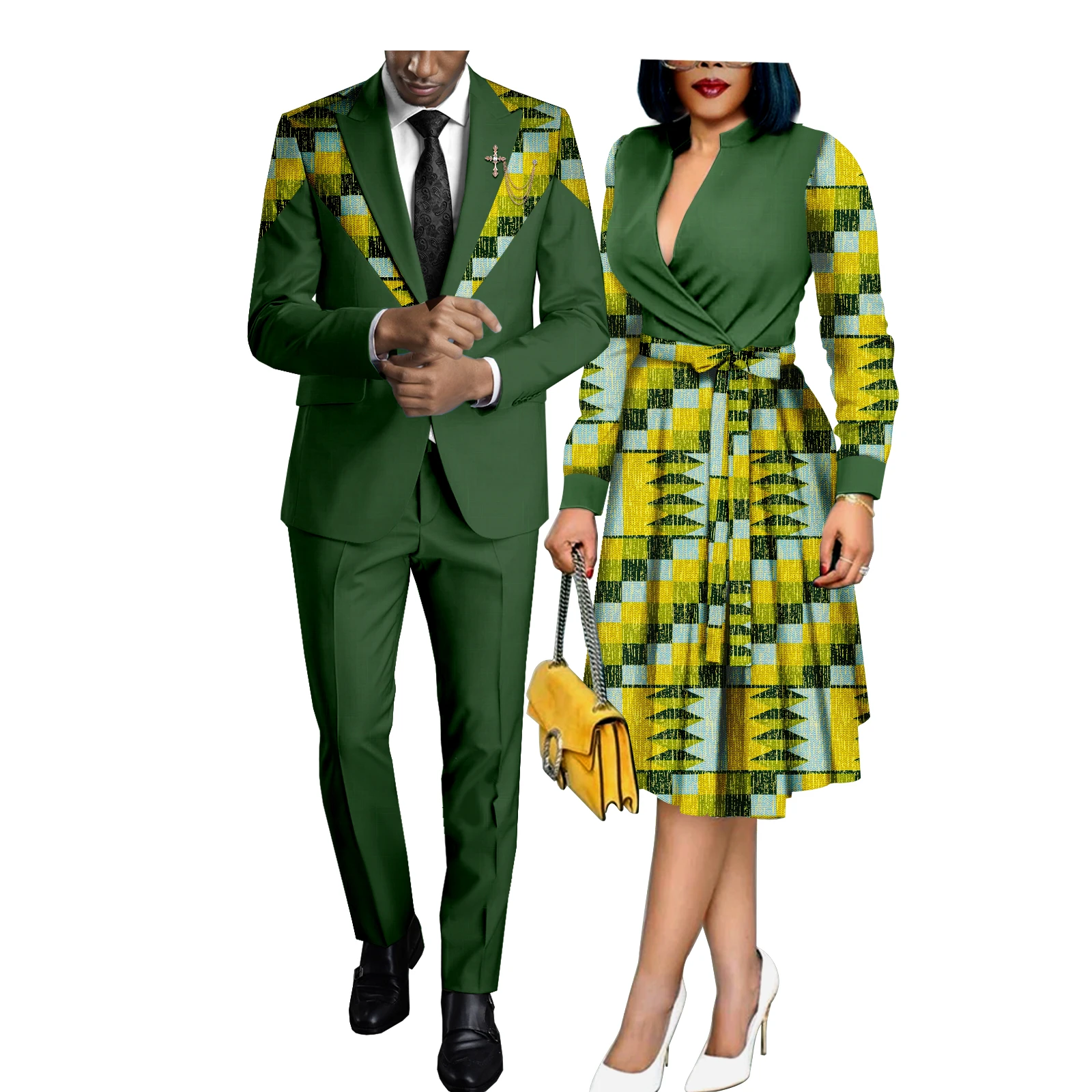 African Couples Women Print Wax Cotton Fashion Patchwork Hot Dress & Men 2 Pieces Shirt and Pants Sets