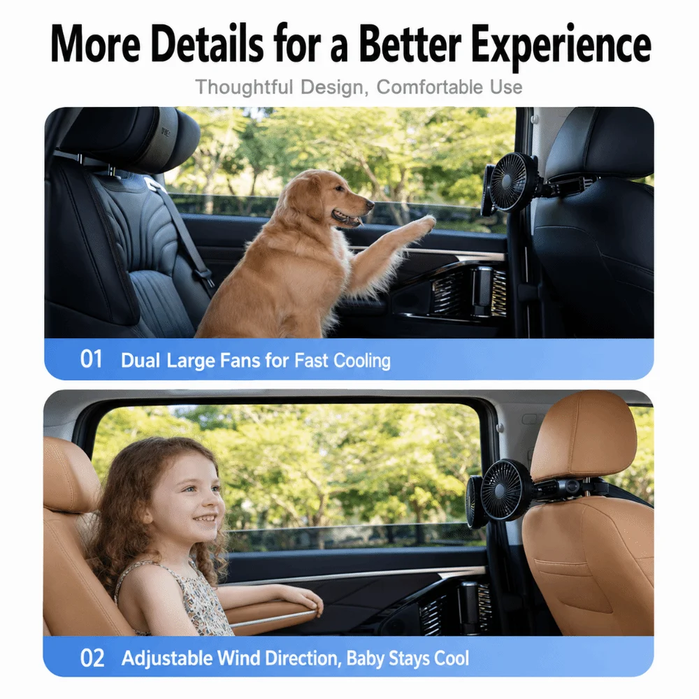 Dual Head Car Backseat Fan Multi Angle Adjust 360° Rotatable USB Car Fan Strong Air Flow Easy Install Portable Car Fan