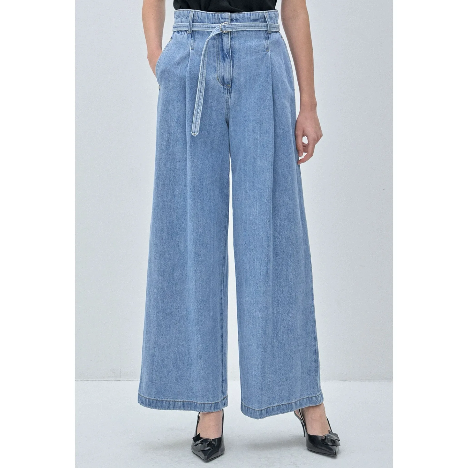 Jeans a gamba larga a vita alta Casual vestibilità ampia formaggio al limone MIN25 Cintura a pieghe autunnale Jeans casual da donna