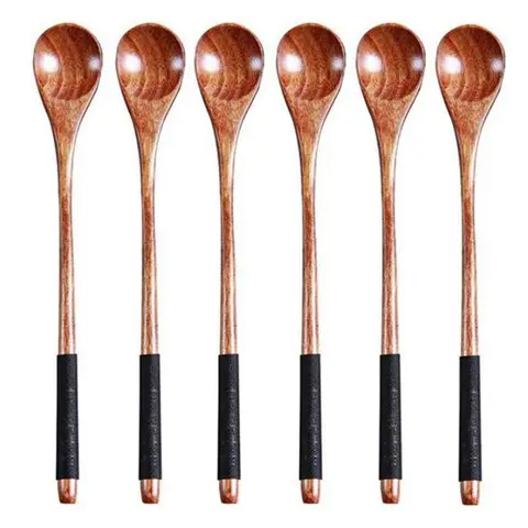 6Pcs 긴 처리 된 나무 숟가락 나무 차 커피 스푼 일본식 디저트 스푼 세트 꿀 혼합 숟가락 나무 식기