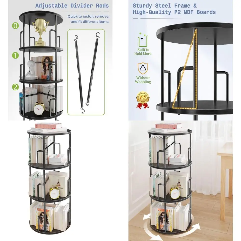 

3-Tier Round Black Rotating Bookshelf, 37 Tall, Metal & Wood, Anti-Tip Design, Space-Saving for Home & Office