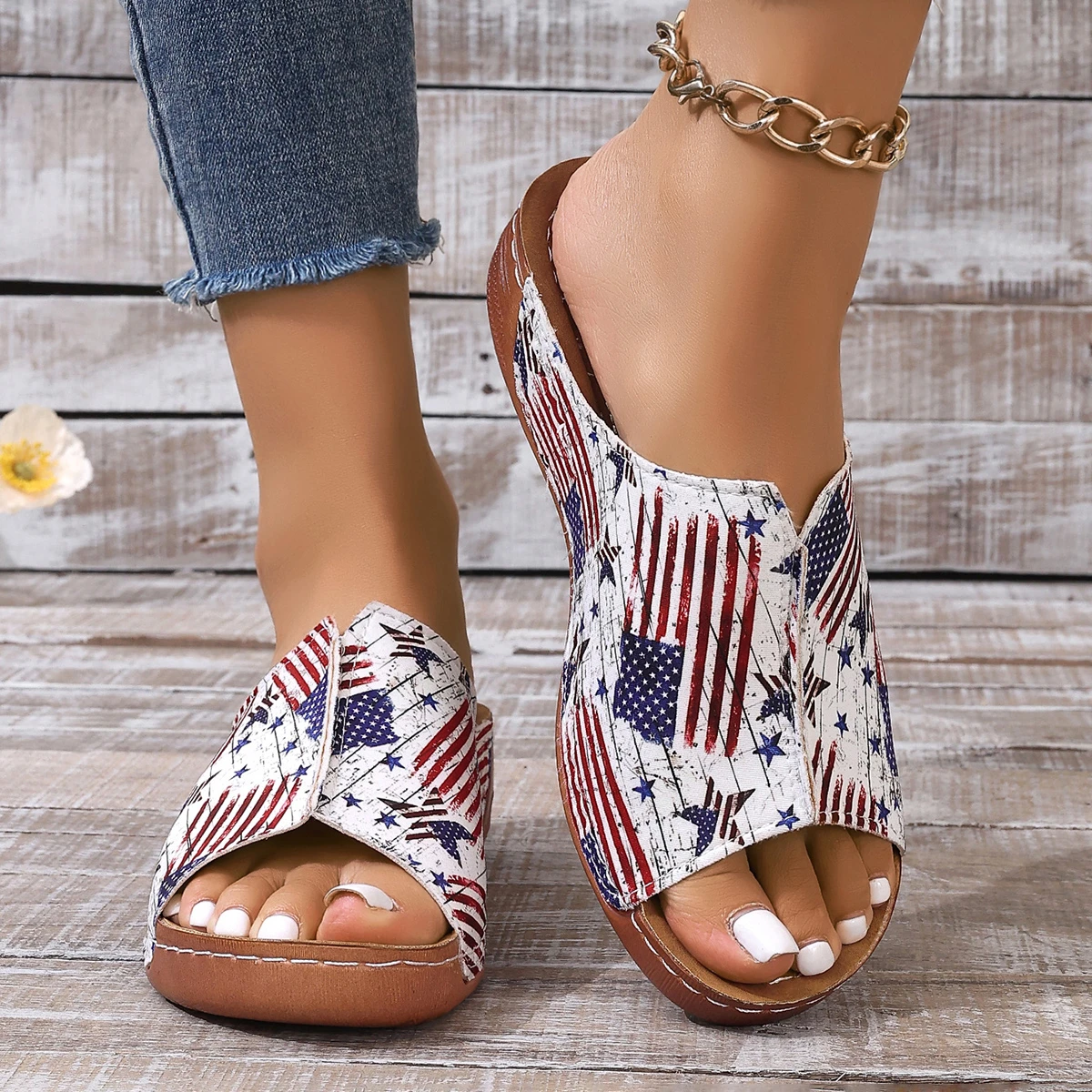 Fashion Flag Print Wedge Slippers for Women 2025 Summer Non Slip Beach Slides Shoes Woman Lightweight Peep Toe Platform Sandals