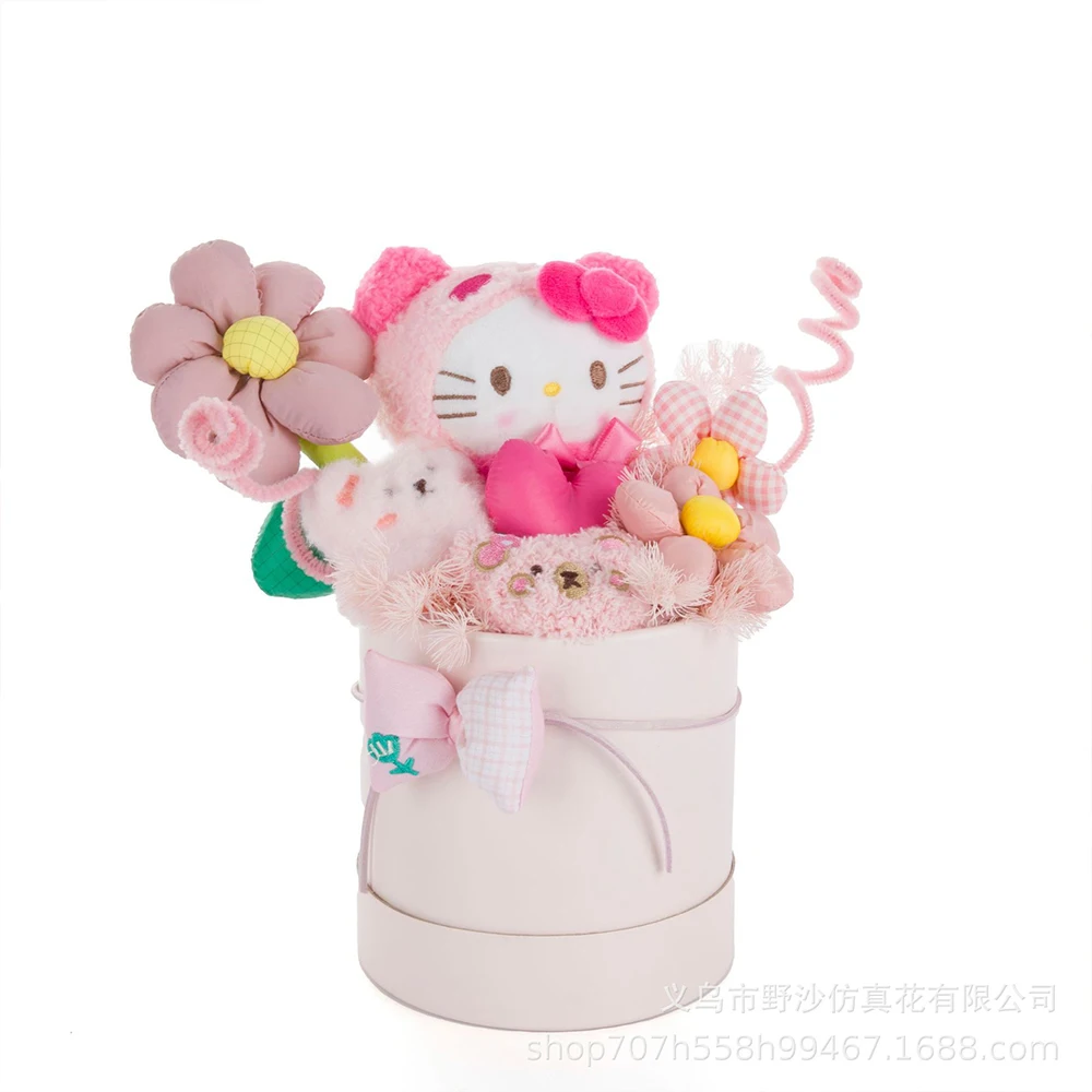 อะนิเมะ Sanrios Hello Kitty Kuromi กระบอกตุ๊กตา Plush Bouquet พร้อม Light Kawaii Cinnamoroll ตุ๊กตาน่ารักเทศกาลแฟนของขวัญ