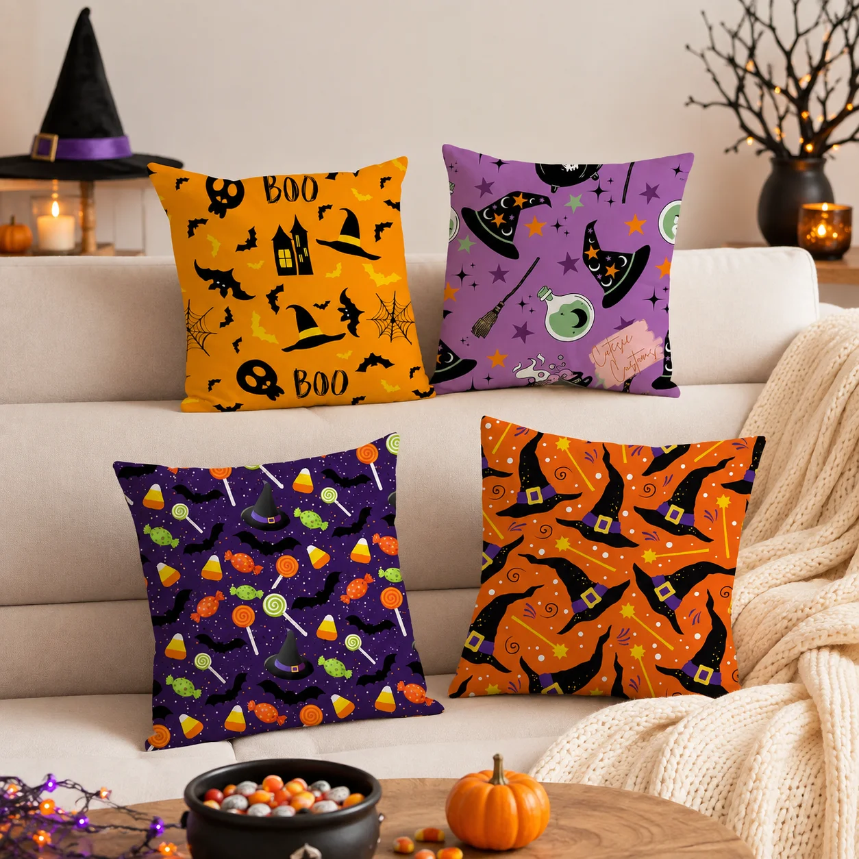 Halloween Witch Hat Skull Cushion Cover Silky Short Plush With Invisible Zipper Dustproof Sofa Pillow Cover For Home Decor