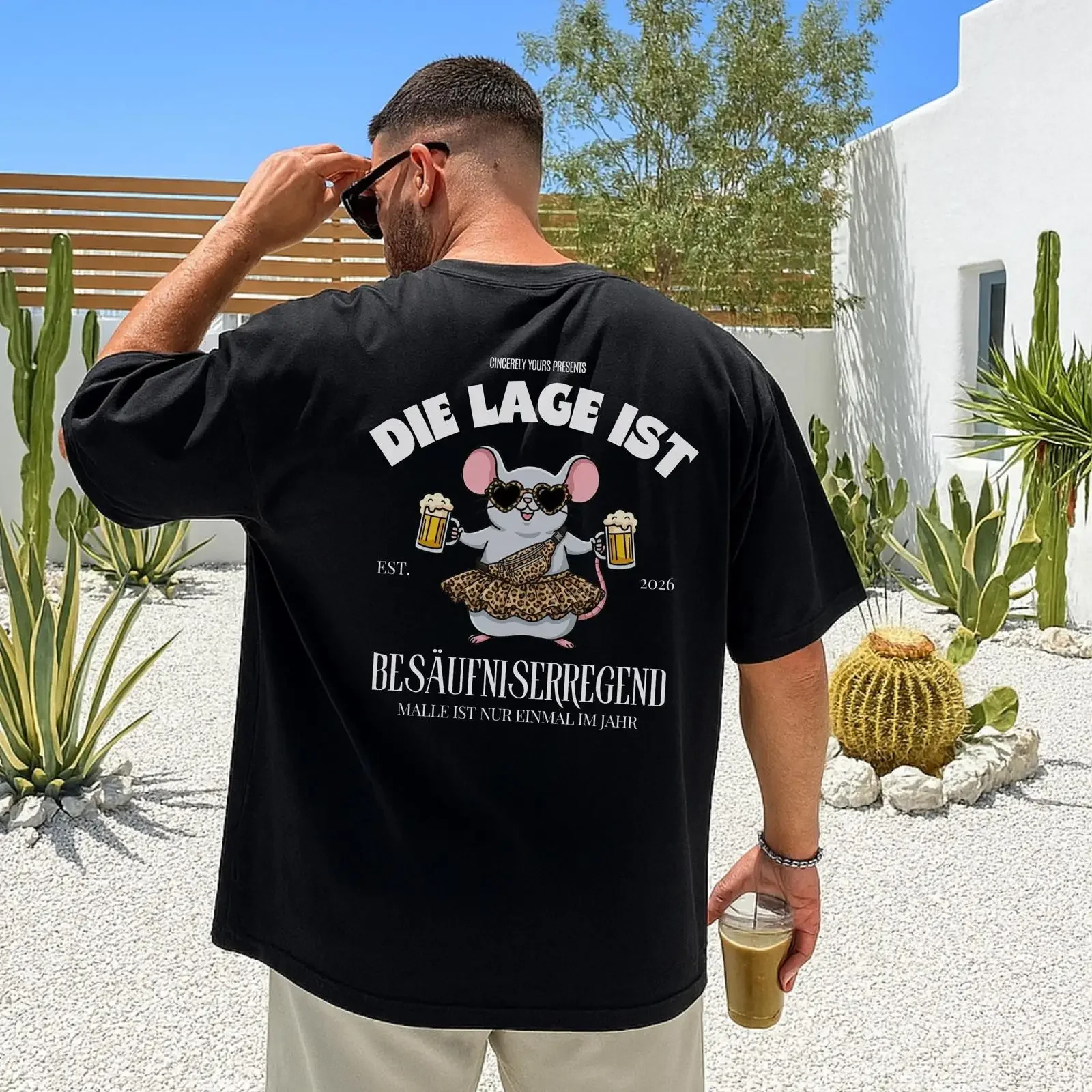 Malle 2026 Bier-Maus Oversized T-Shirt für Herren mit lustigem deutschen Slogan auf der Rückseite, lässig, Sommer, Urlaub, Vintage, gewaschen, atmungsaktiv