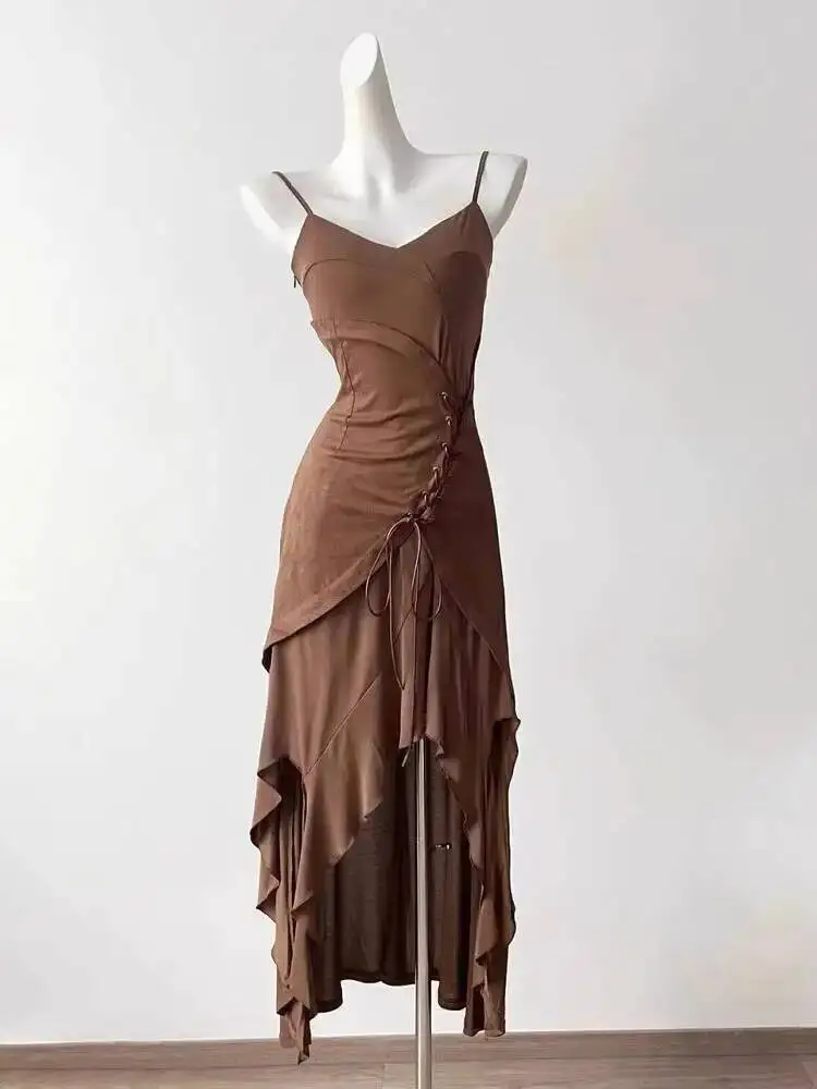 

2026 Spring Women Dress Denim Jacket Two Pieces Set Wasteland Dress Maillard Asymmetrical Ruffled Waist Tie Maxi Strap Dress