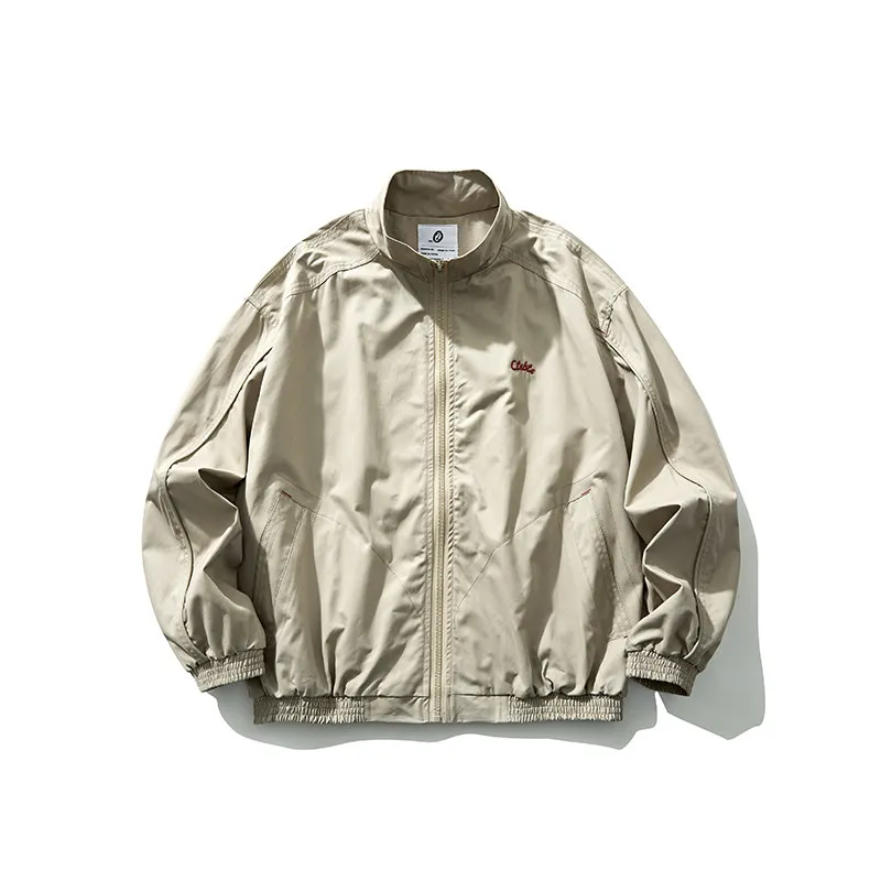 

Retro American Style Loose Fit Casual Cotton Work Jacket with Chest Embroidery Outdoor Windproof Stand Collar Men's Outerwear