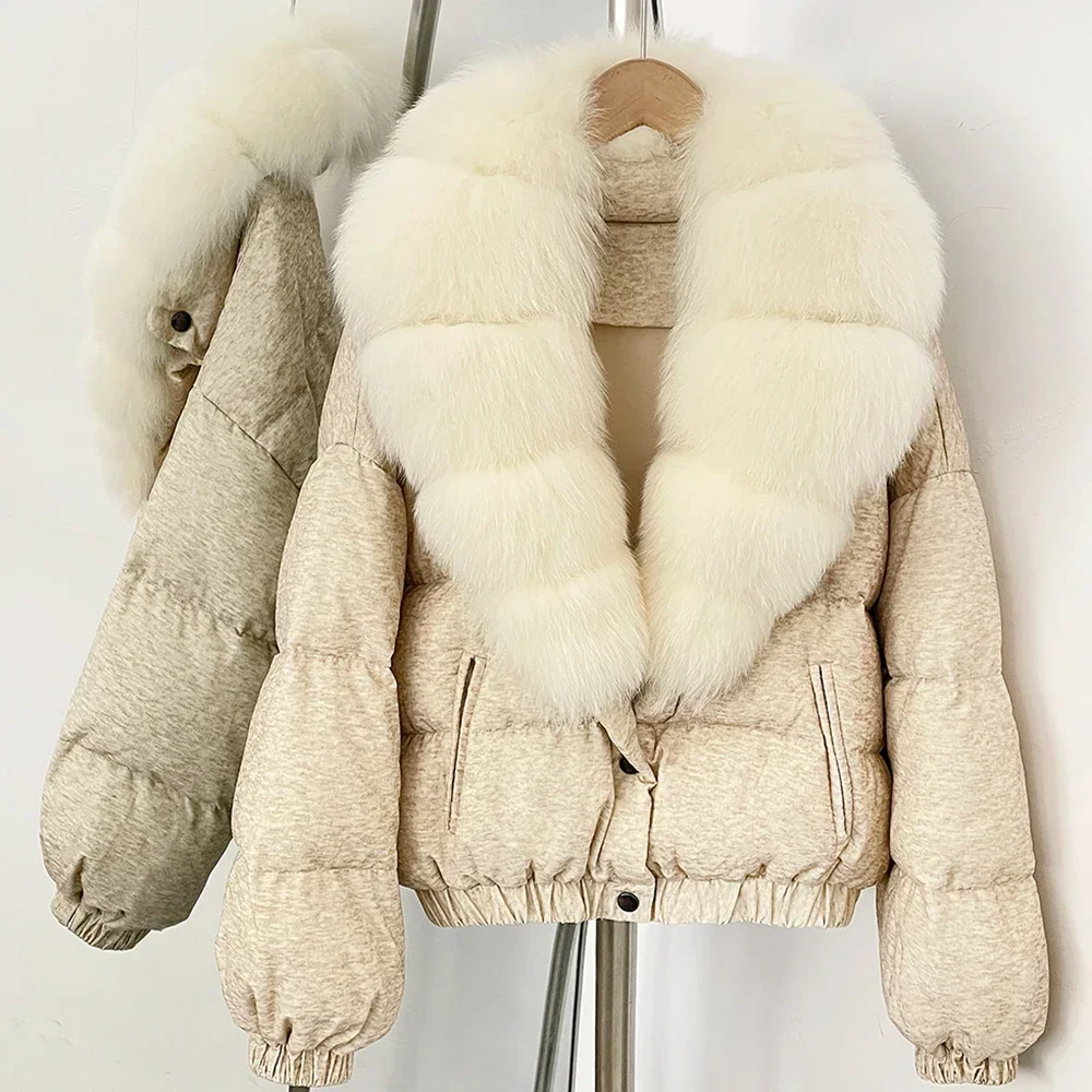 OFTBUY Neue Winterkleidung Übergroßer Echter Fuchspelz Kurzer Daunenmantel Damen 100% Baumwolle Waschbärpelz Entendaunen Pufferjacke Frauen – Detail 34