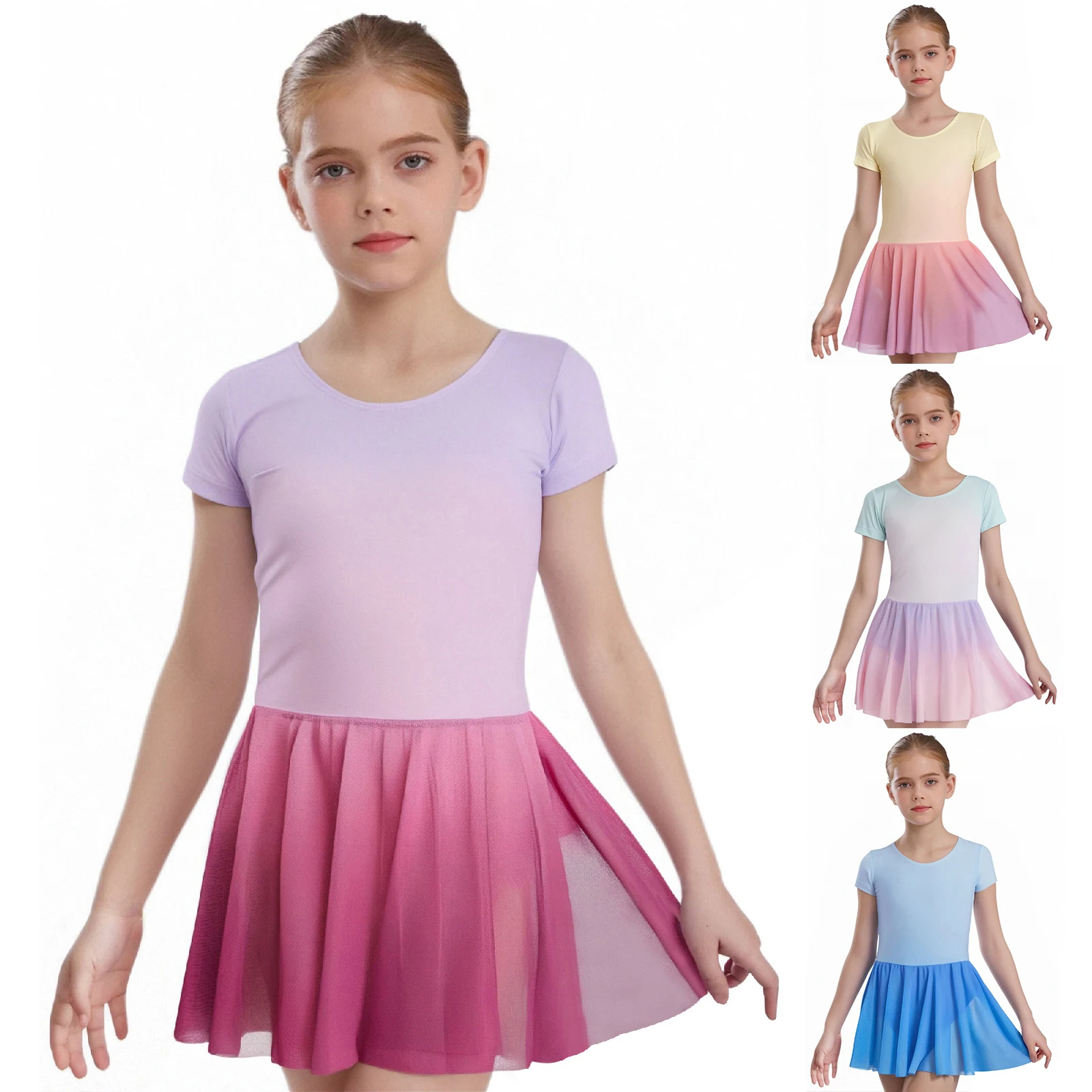 

Girls' Gradient Color Dance Dress Stretchy Polyester Spandex Blend with Built-in Shorts for Ballet Dance Practice Examinations