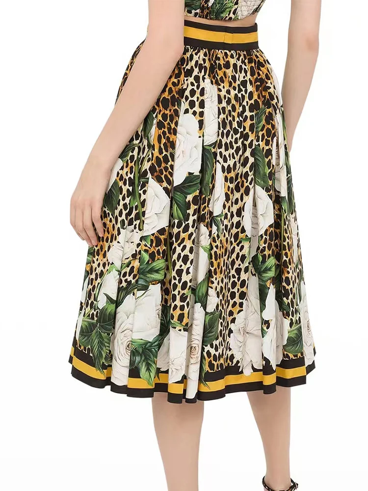 JUNLINNA 100% Cotton Skirt Summer Fashion Party Holiday Elegant Leopard and Flower Printed Half Dresses