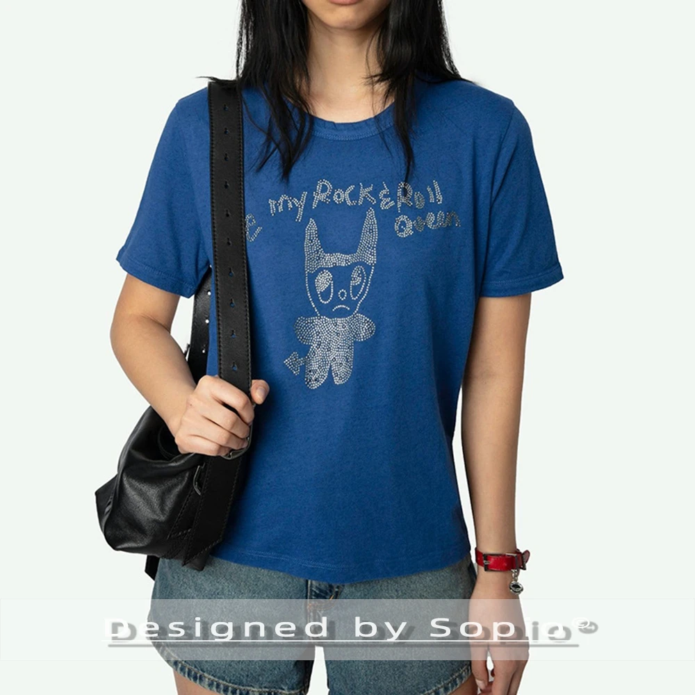 

Футболка со стразами, женская летняя одежда, 2026, хлопковые свободные футболки с короткими рукавами и круглым вырезом, топы, женские модные футболки, уличная одежда