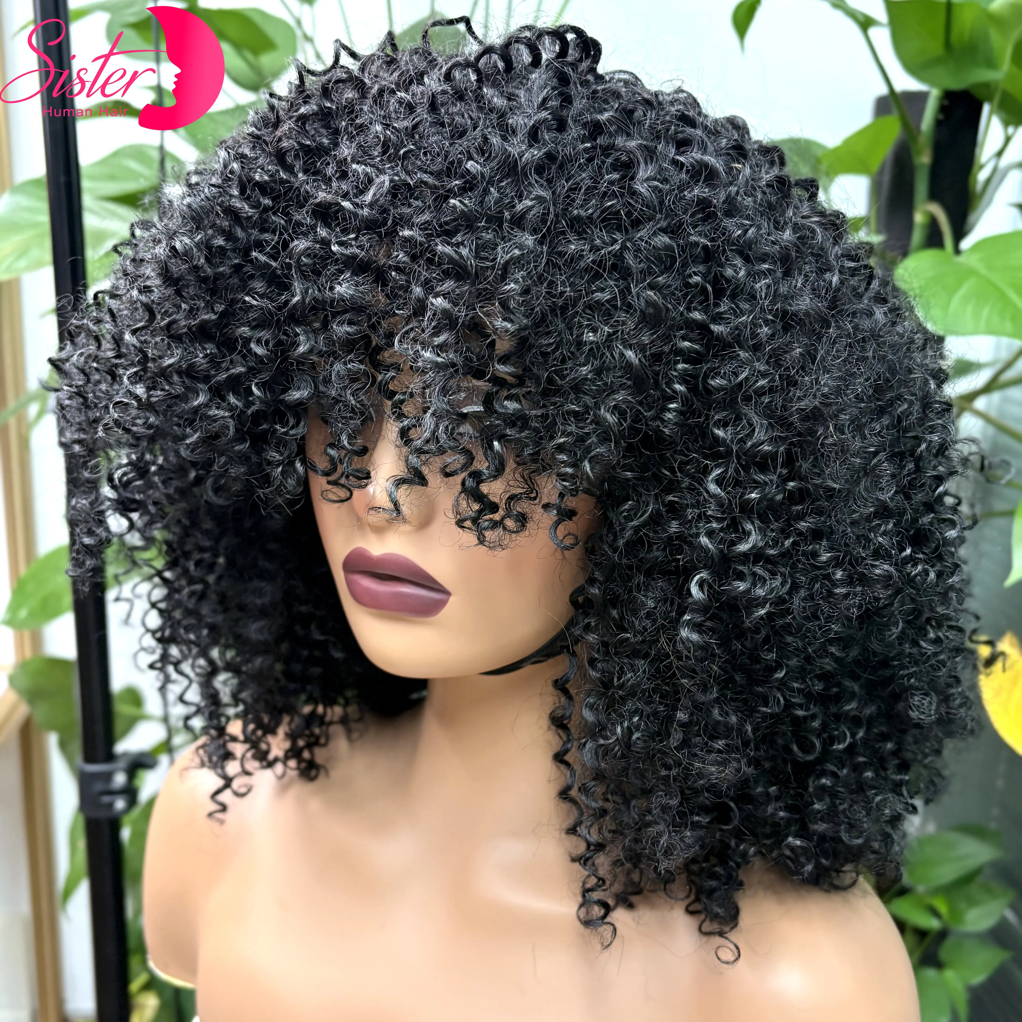 

350% Density Full Machine Made Natural Afro Kinky Curly Human Hair Wigs with Bangs14in Afro Curly Brazilian Hair Wigs for Women