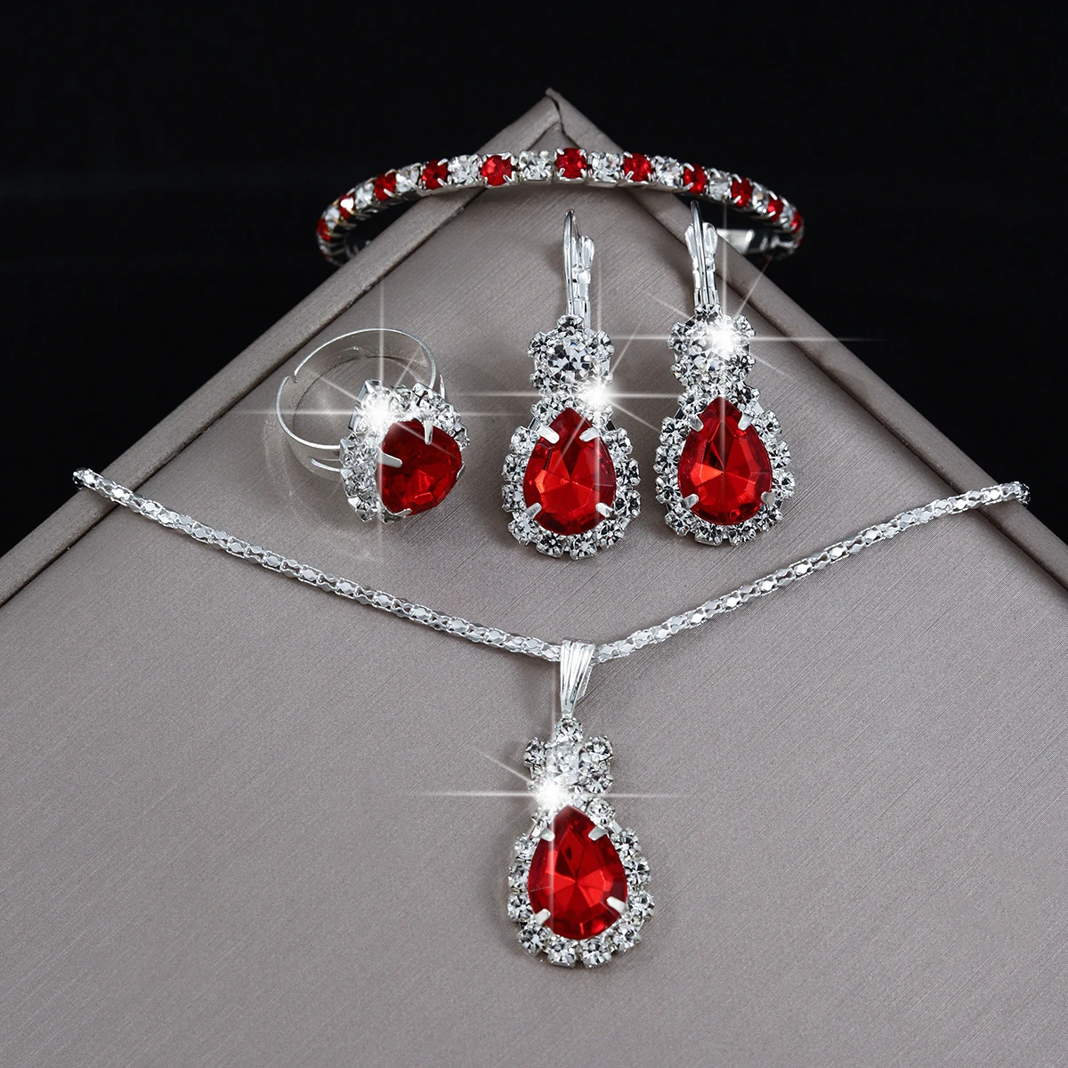 5-Piece Set of Fashionable Women's Red Teardrop-Shaped Stainless Steel Rhinestone Jewelry Set, Including Necklace, Bracelet, Earrings, and Ring, as a Holiday Gift for Her