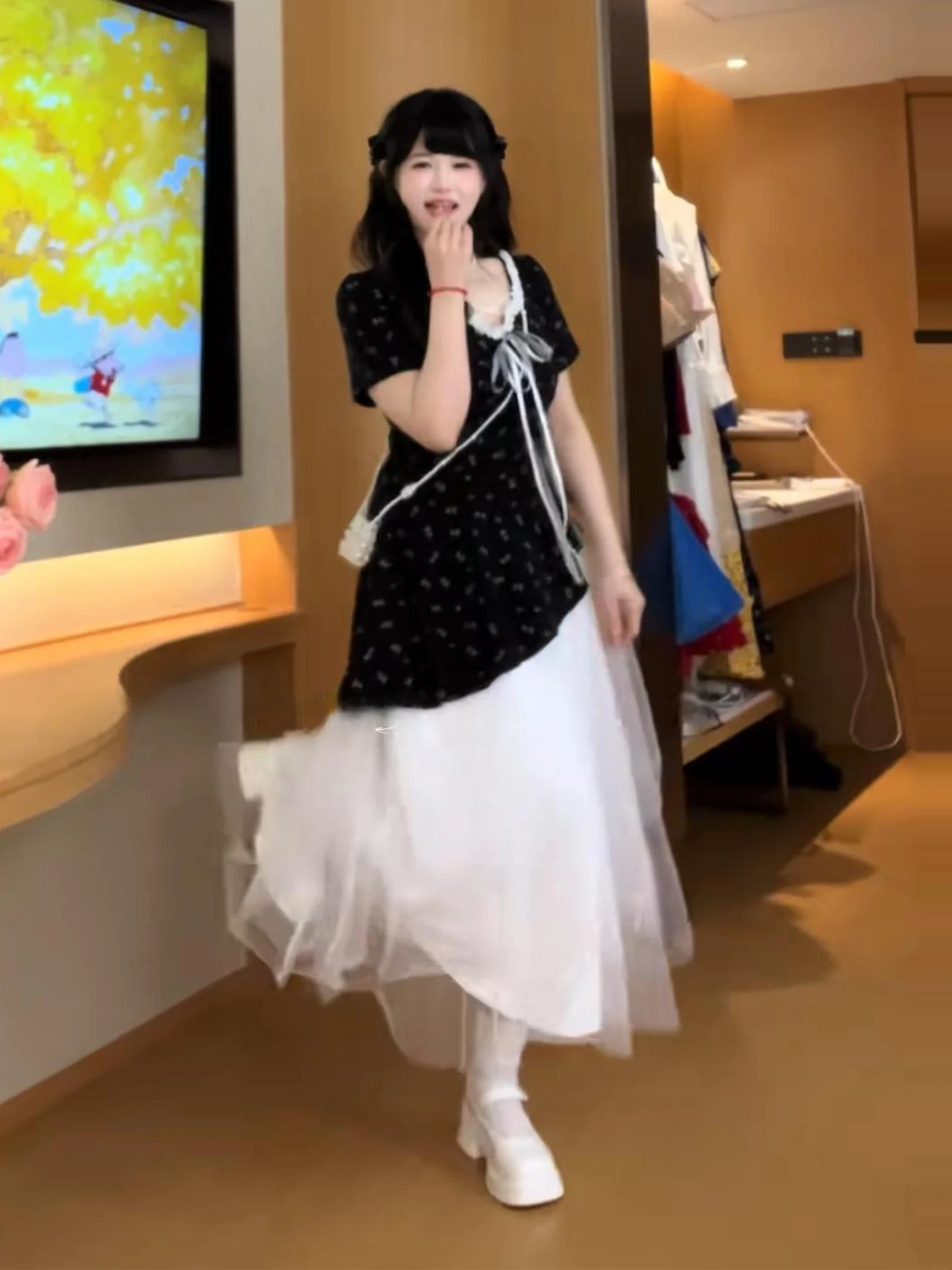 

plus Size Floral Print Dress Women Summer Slimming Mesh Splice Belly Covering Puffy Long Skirt Soft Style Gathered Waist Casual