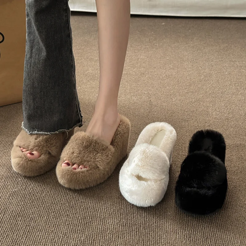 Autumn Winter Wedge Fluffy Slippers Woman 2023 New Home Fur Slippers for Women Chunky Platform Slides Cozy Fuzzy Indoor Shoes