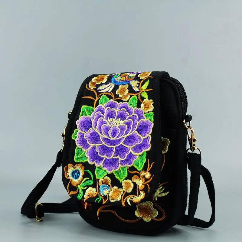 Women Shoulder Bag Travel Pouch Vintage Floral Embroidered Crossbody Zip Bag Embroidered Mobile Phone Bag