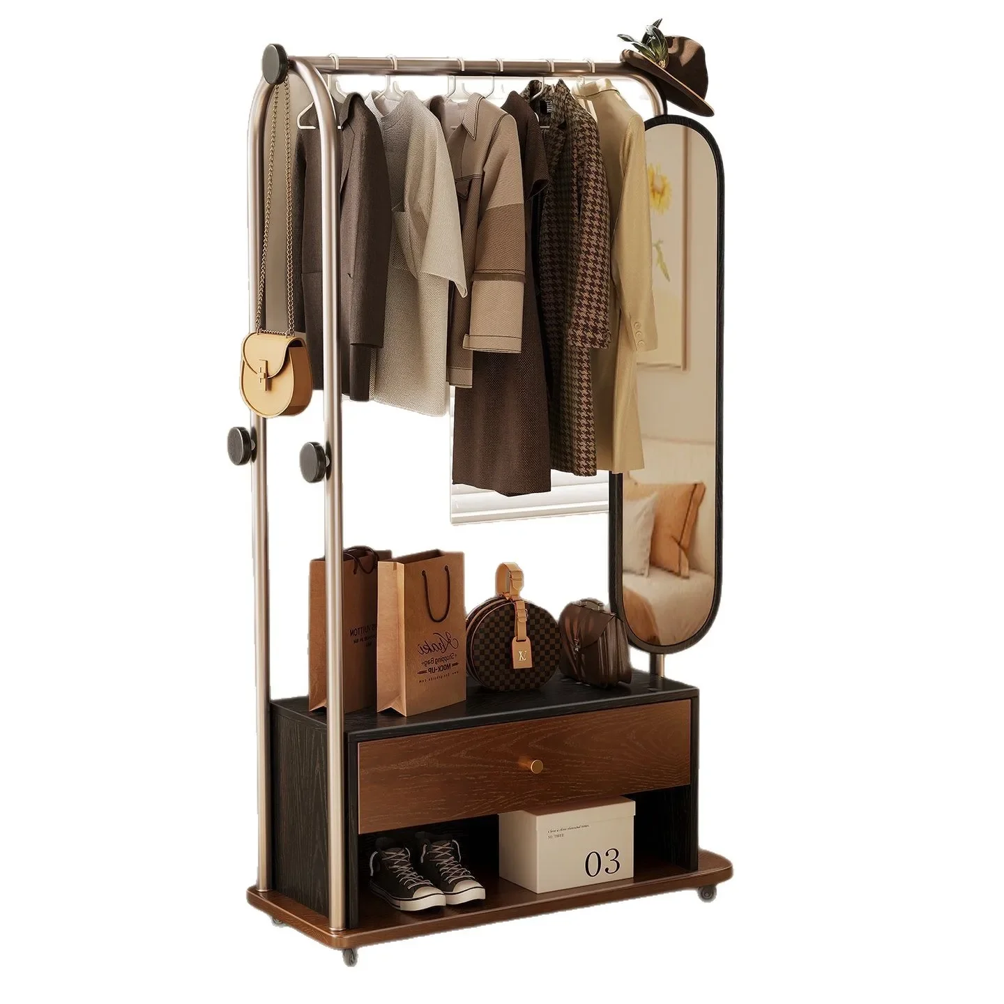 Modern minimalist removable hanger floor-to-ceiling multi-function with full-body mirror stainless steel home bedroom coat rack