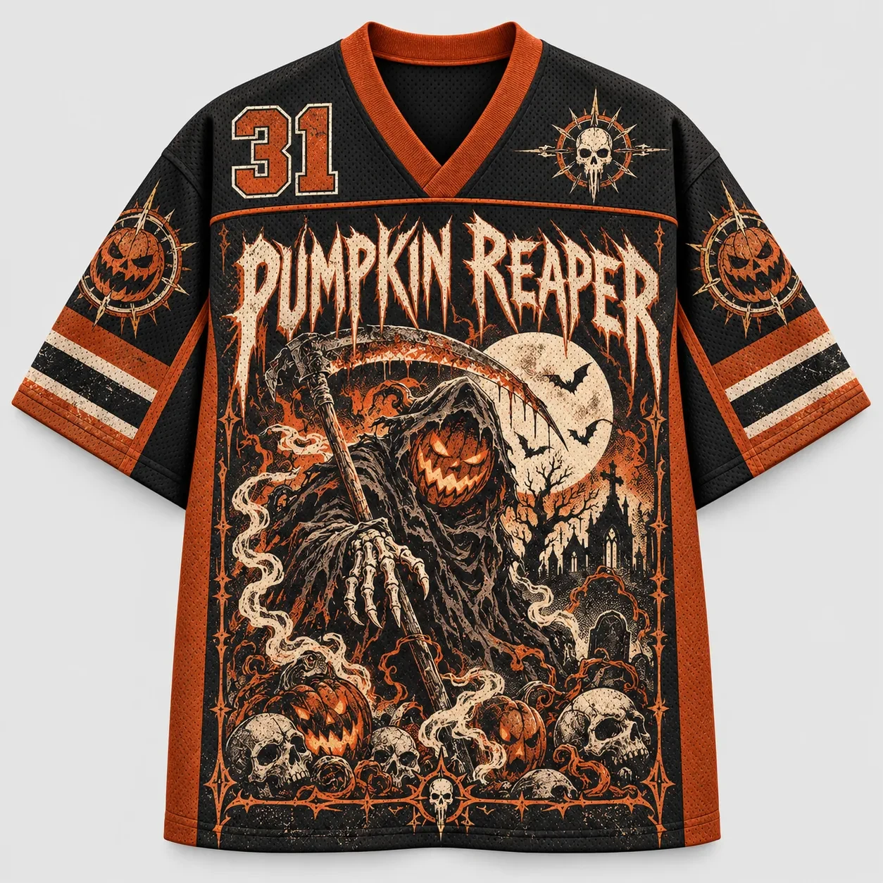 Halloween Jersey, Jack-o'-lantern Pumpkin Reaper Skull Graveyard Bat Moon 3D Print V-Neck Unisex Streetwear for Trick or Treat