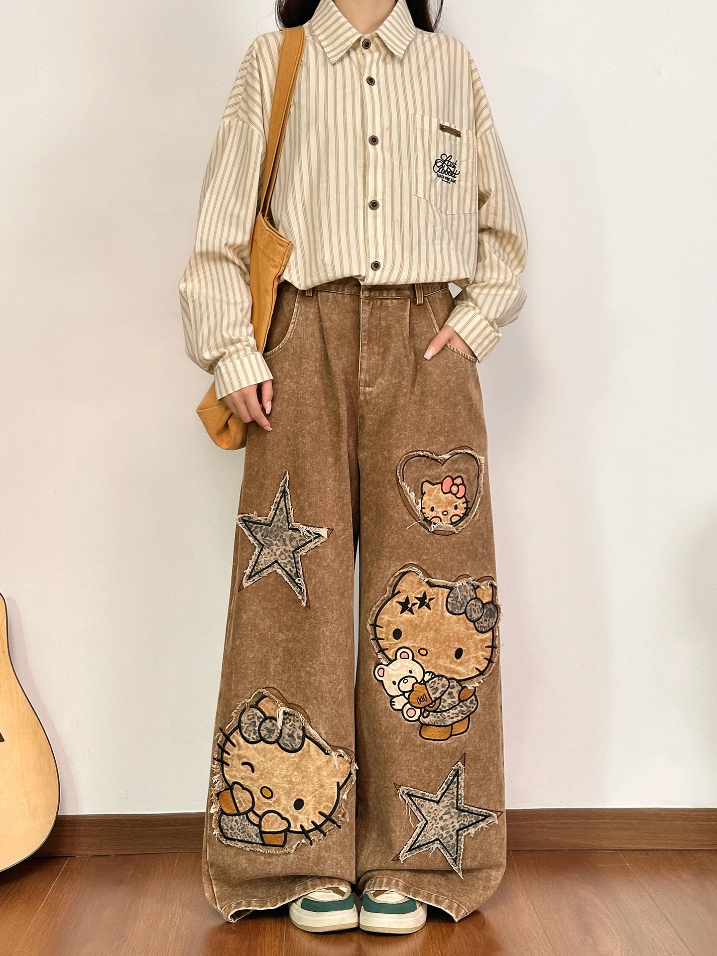 

Ретро джинсы с мультяшной вышивкой KT, женские свободные прямые джинсы, универсальные широкие брюки, удобные повседневные джинсовые штаны