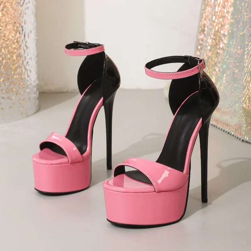 Women Sandals High Heels Pumps Pink Round Toe Open Toe Color Block Buckle 16cm Stiletto Elegant Shoes For Woman Plus Size 41 42