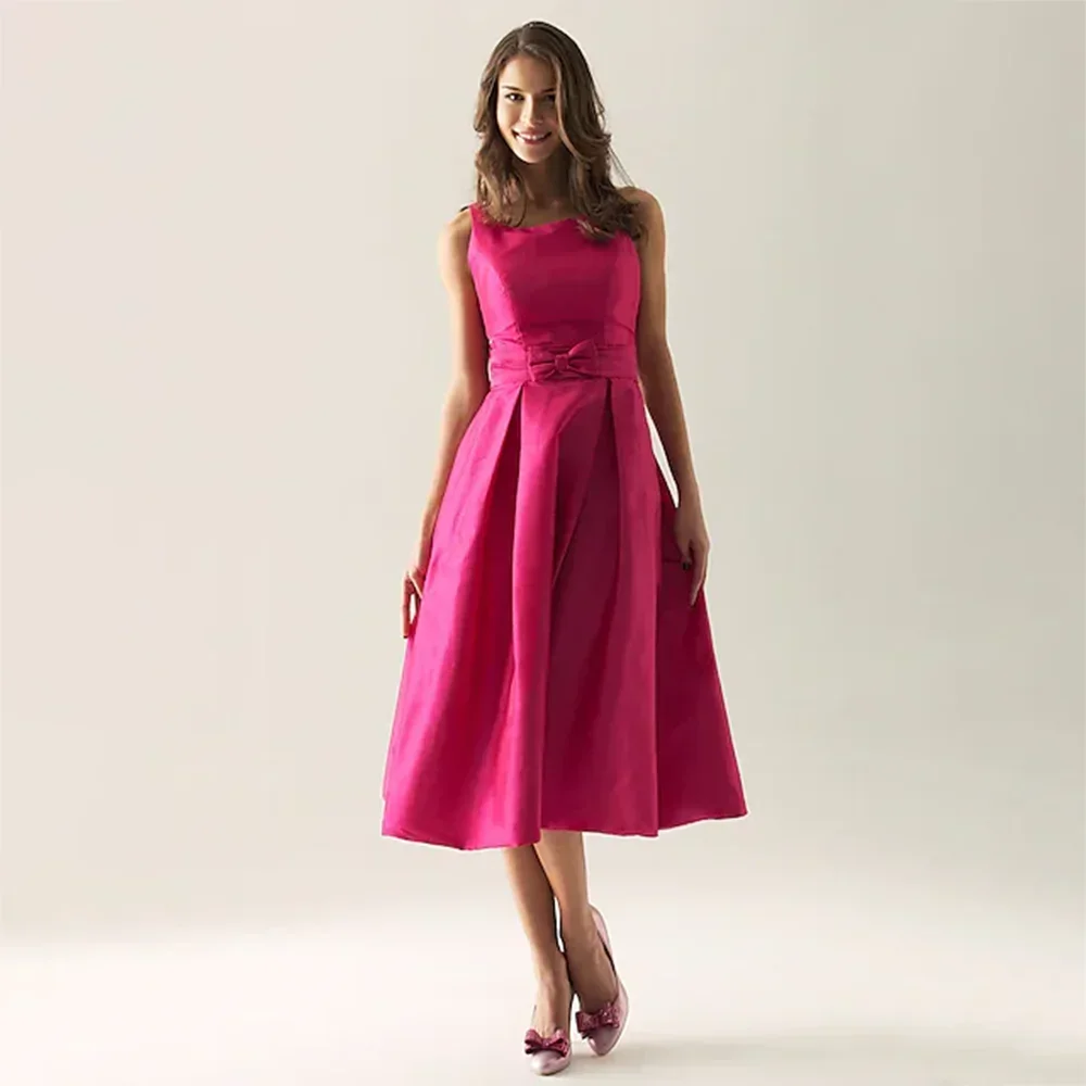 

Customized Elegant A-Line Tea Length Bridesmaid Dress Taffeta Straps Sleeveless with Bows Pleats Wedding Party Dresses for Women