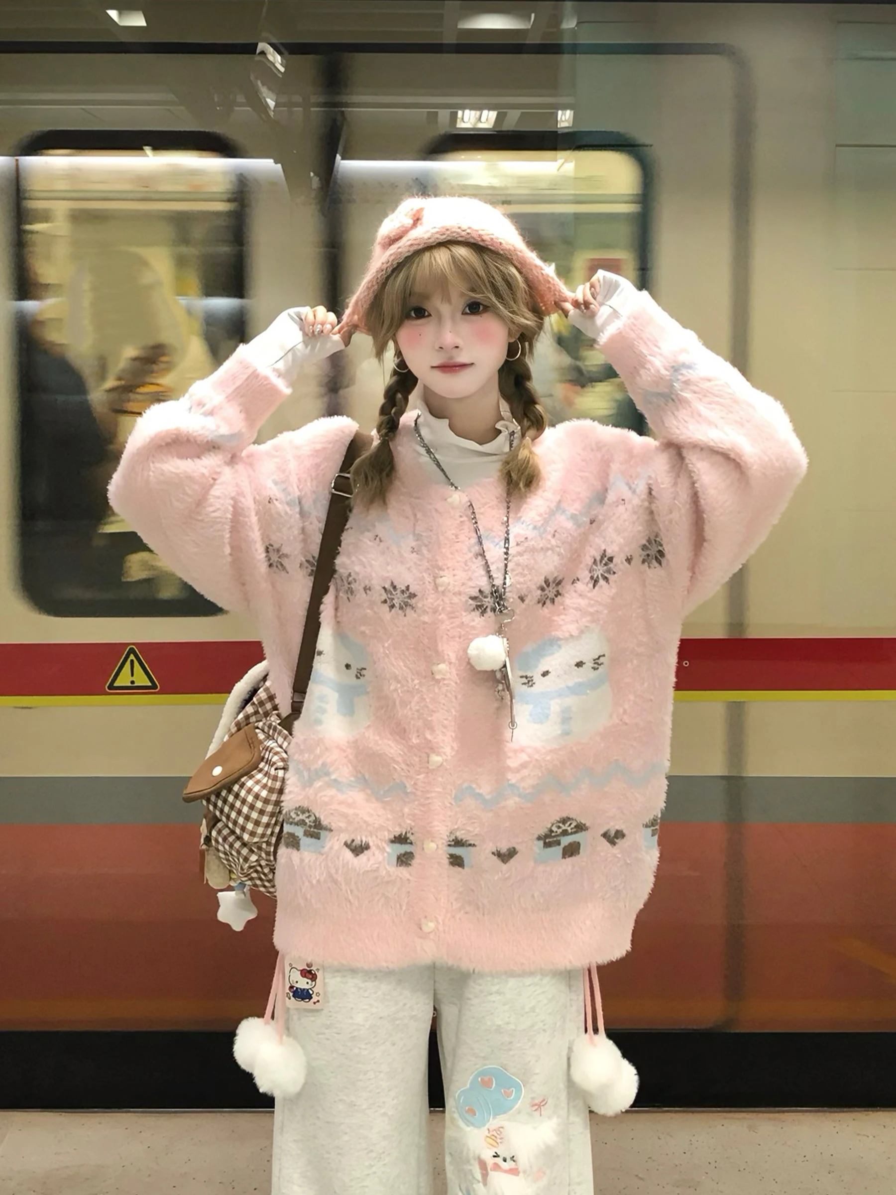 

Оригинальный милый вязаный свитер с мультяшным узором, женский свободный осенне-зимний кардиган, пальто, теплый пушистый длинный све, круглый Ne