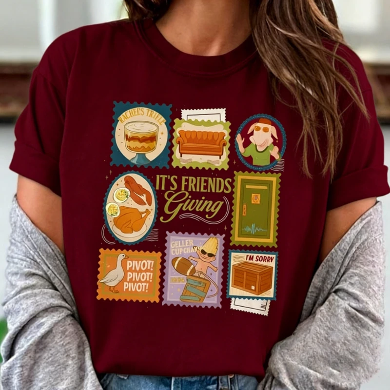 Geller Bowl 1996 Stamps Friendsgiving Printed T-Shirt Tops Rachel’s Trifle Thanksgiving Tee Friends TV Show Fall Unisex Shirt