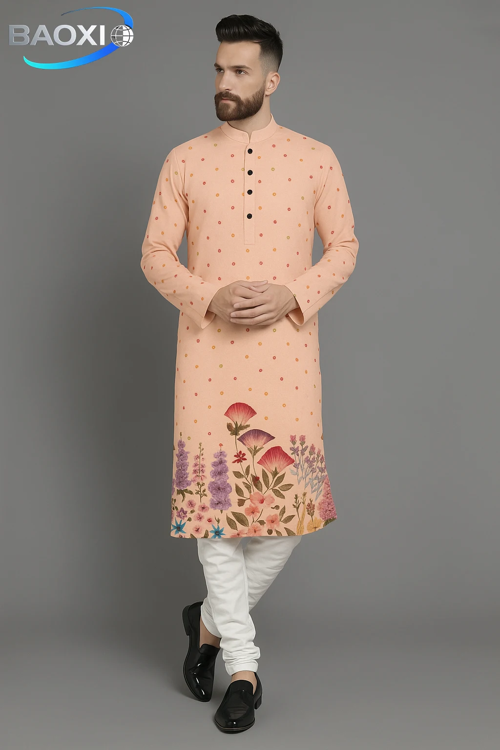 Men digital printed kurta vardha regular fit Mandarin collar long suitable All Occasions such wedding Hari Raya Aidilfitri.