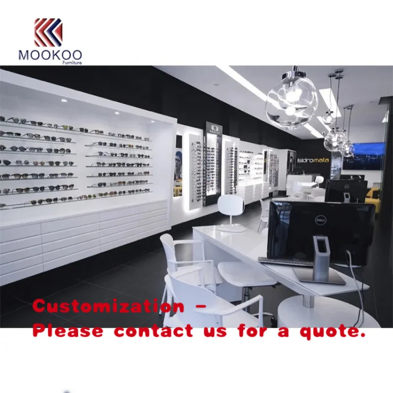 custom.Modern White Optical Shop Wooden Cabinet with LED Lit Luxury Eyewear Display Wall Rack