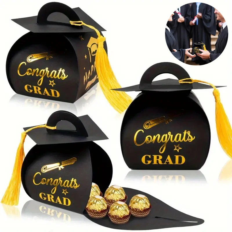

25 шт. Подарочные коробки с выпускными шапочками и кисточками — коробки для конфет «Congrats Grad», черные и золотые центральные детали стола