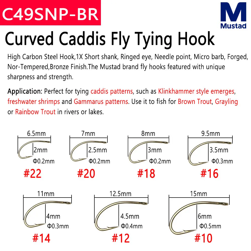 Mustad 50pcs High Carbon Steel Barb Fly Tying Hook For Dry Wet Nymph Streamer Caddis Trout Salmon Steelhead Fishing Lures Baits