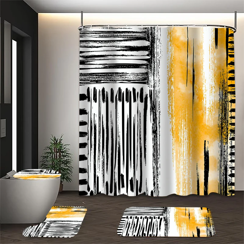 4-piece Stripe Geometry shower curtain set, toilet seat decoration, shower curtain with carpet and toilet lid, 12 70.8x70.8 inch