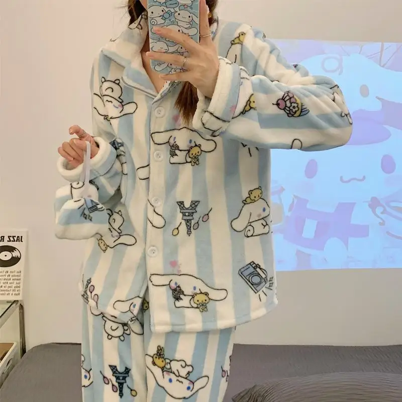 Miniso Girl Flannel Cardigan Flip Collar Keep Warm Pajama Set Kawaii Cinnamoroll Comic Student Thickening Go Out Leisure Wear