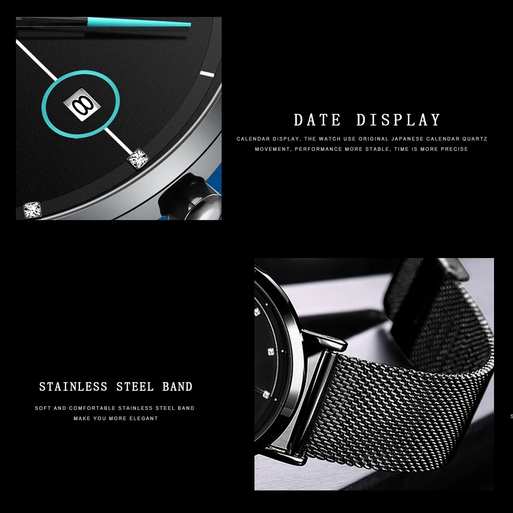 Top Men Quartz Watch With Japanese Movement Simple Blue Black Stainless Steel Mesh Belt Waterproof Travel Fashion Men Wristwatch