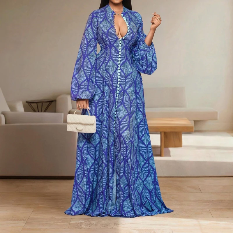 Fashion Pattern Printed Party Dress Single Breasted Design Loose Robe Dress New Autumn O Neck Long Sleeve Vacation Women's Dress