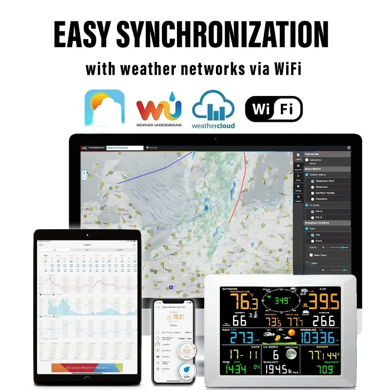 Stacja pogodowa WiFi z 10,2-calowym dużym wyświetlaczem, bezprzewodowa stacja pogodowa, wewnętrzny, zewnętrzny system zdalnego monitorowania