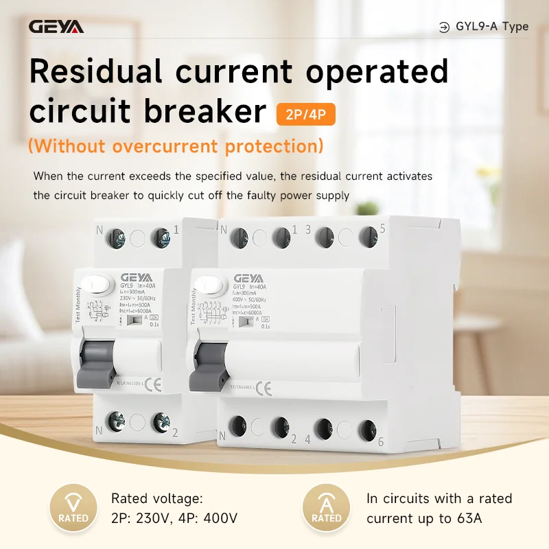 GEYA GYL9 A Type RCCB Residual Current Circuit Breaker AC ELCB 2 Pole 40A 63A 30mA 100mA 300mA RCD ELCB