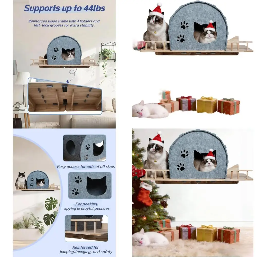 

Серая настенная фетровая кровать для кошек с деревянным основанием — компактная домашняя мебель для кошек для отдыха и отдыха